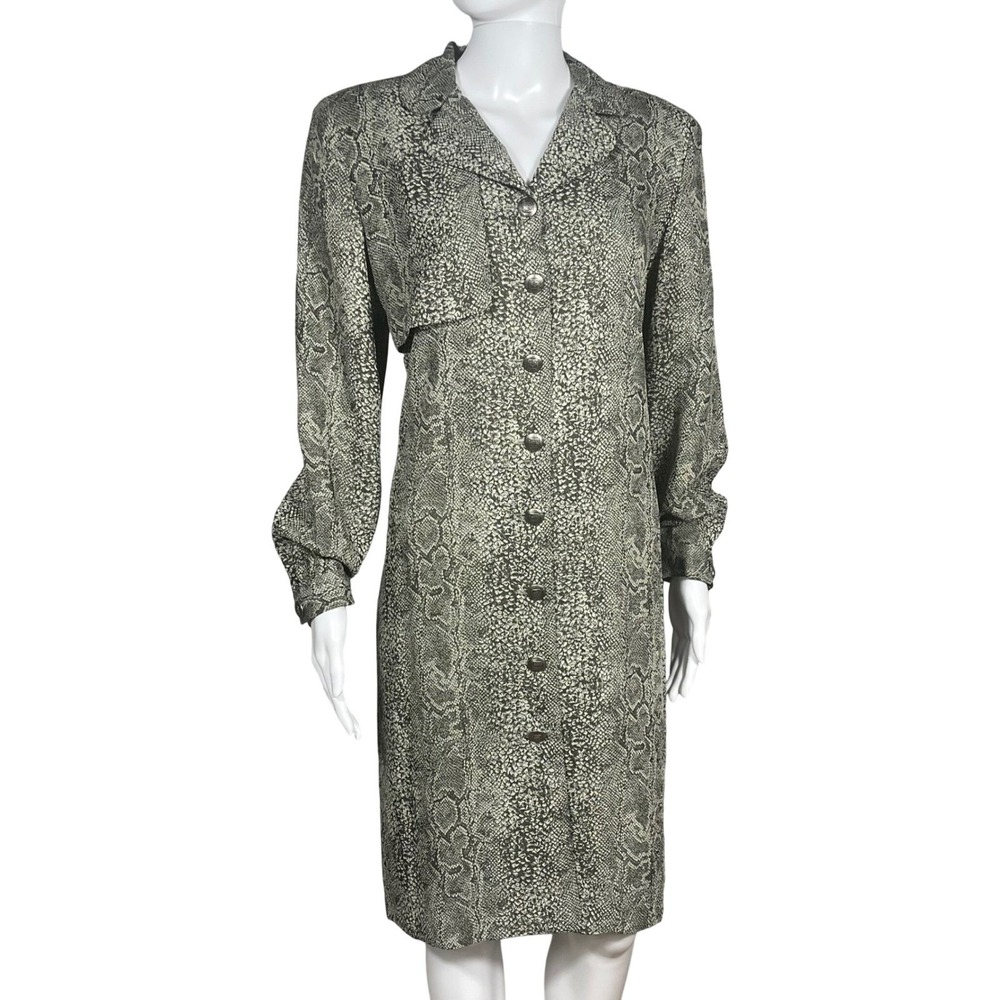 Vintage Leslie Fay Snakeskin Print Button Front Shirt Dress Shoulder Pads 8P